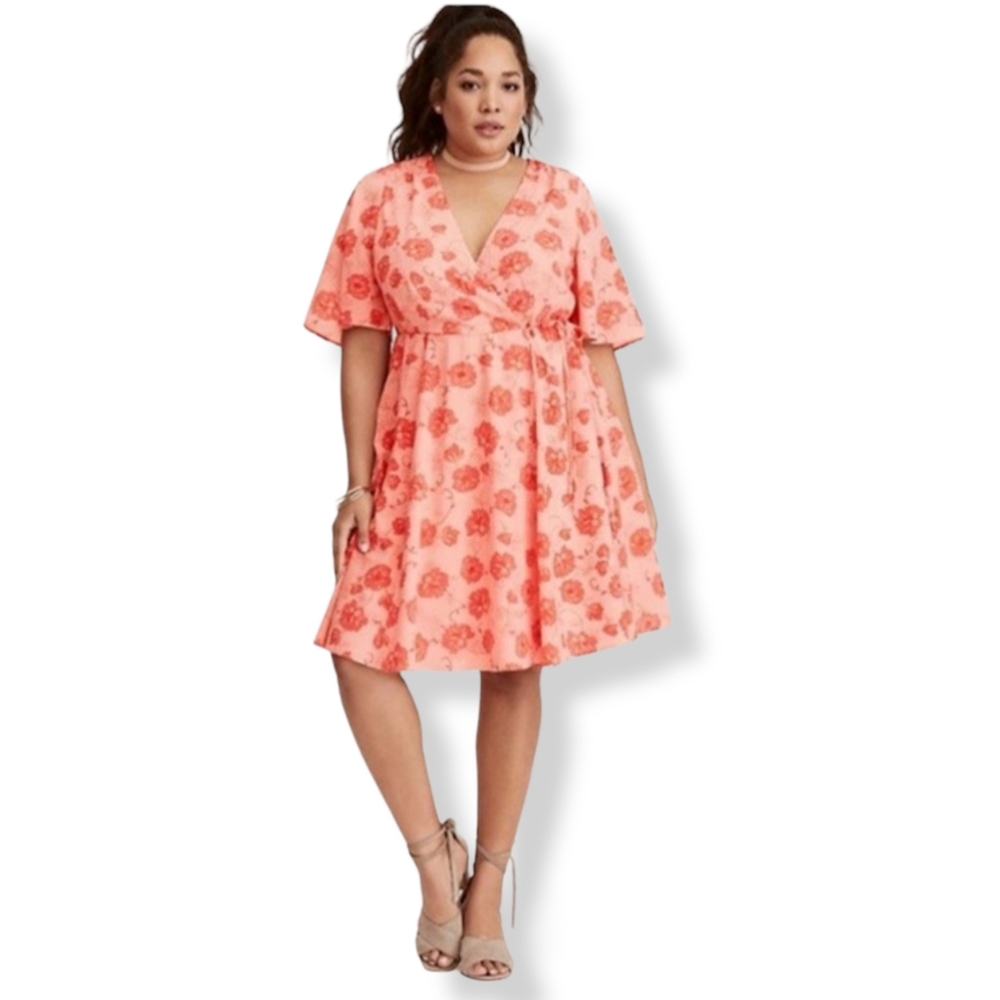 torrid Coral Pink Floral Wrap Fit-and-Flare Dress